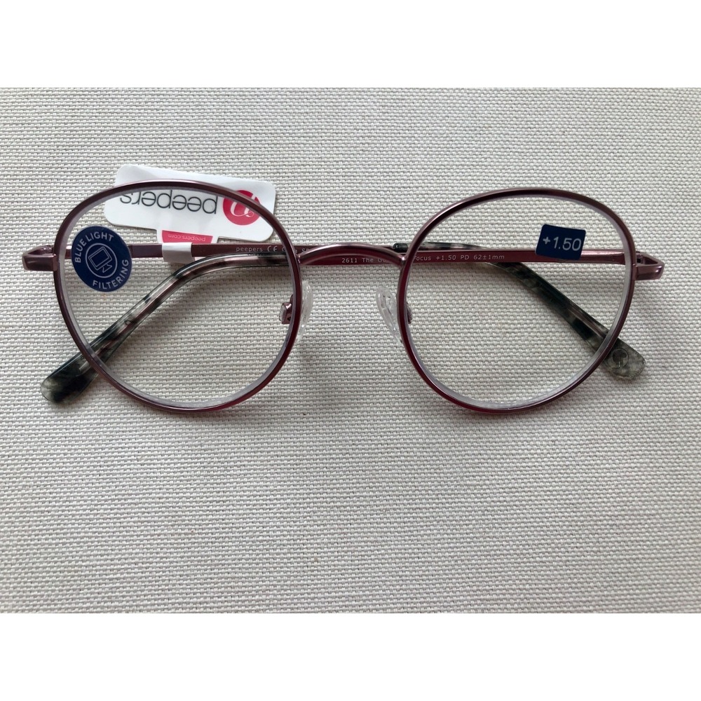New Peepers Round Rose Gold Wire Blue Light Filtering Reading Glasses +1.50
